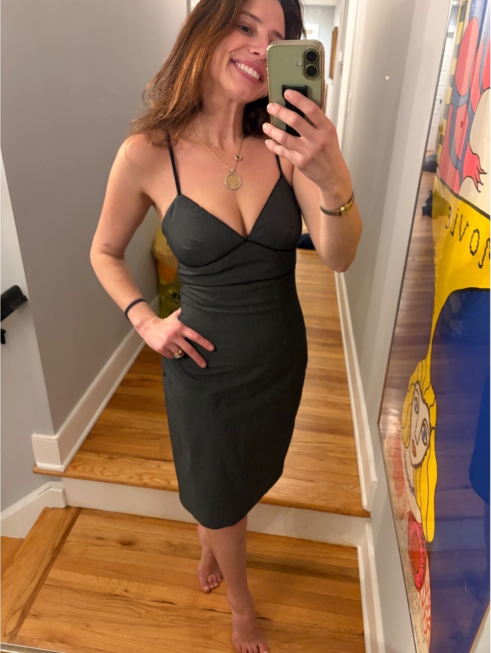Vintage 90s Y2K Black Minimalist Slip Midi Dress Bodycon Size 4 Express